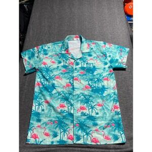Unbranded Button Down Shirt Teal Flamingo Palm Tree Tropical Hawaiian Mens L